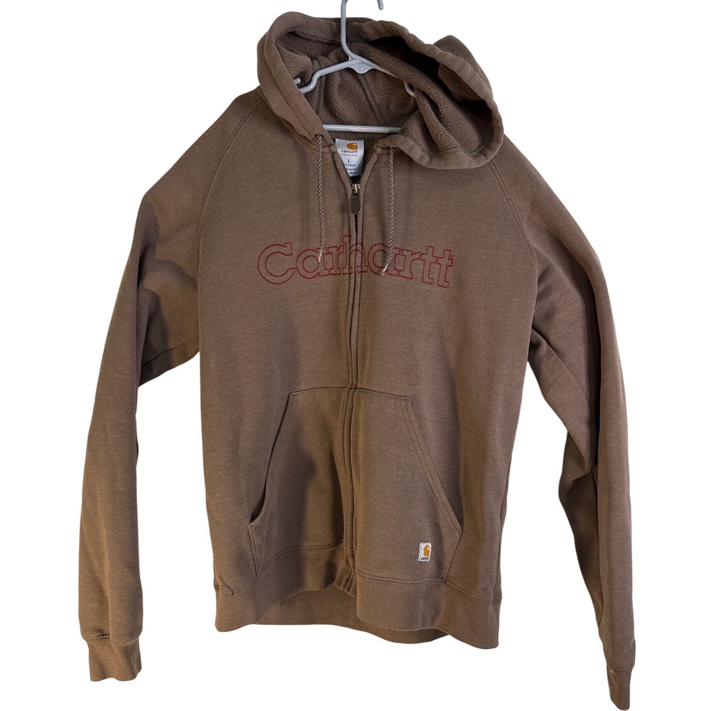 Carhartt Womens Brown Full Zip Hoodie Embroidered Logo Fleece Lined Large L